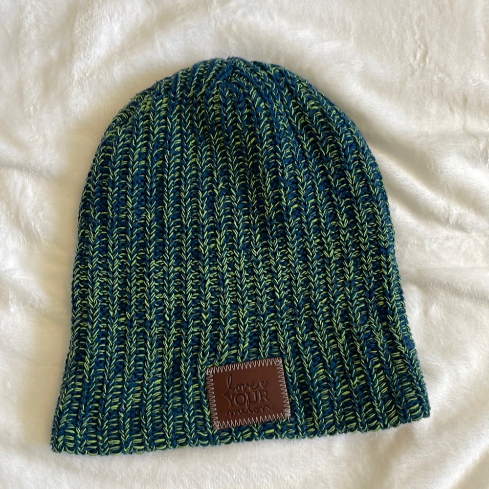 Love your melon hat in teal and lime green